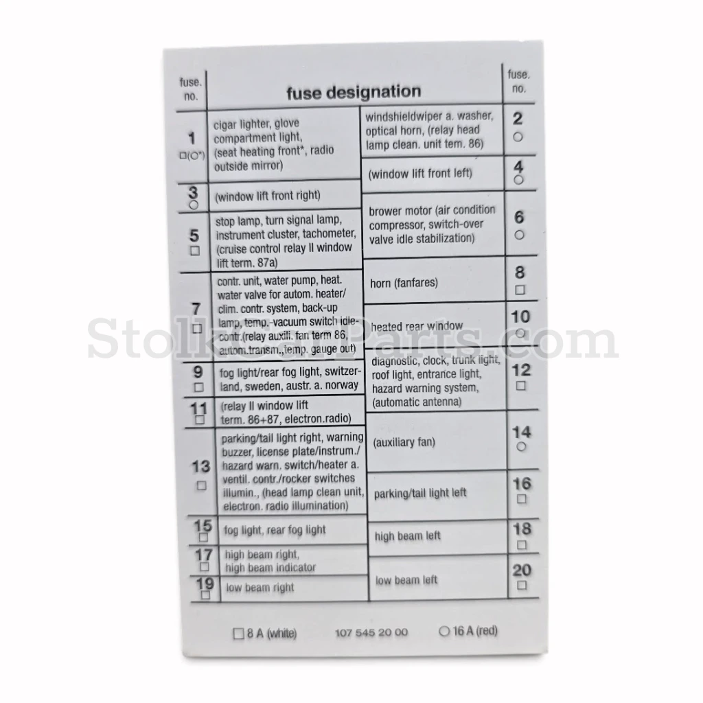 Zekeringenschema - Mercedes R107 280 SL 380 SL 500 SL – OE-nummer 1075452000 – foto 2